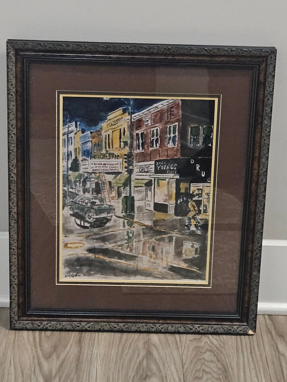 Vintage Bill Kegel Framed Painting Majestic Theater Islay's And Youngs Drugstore